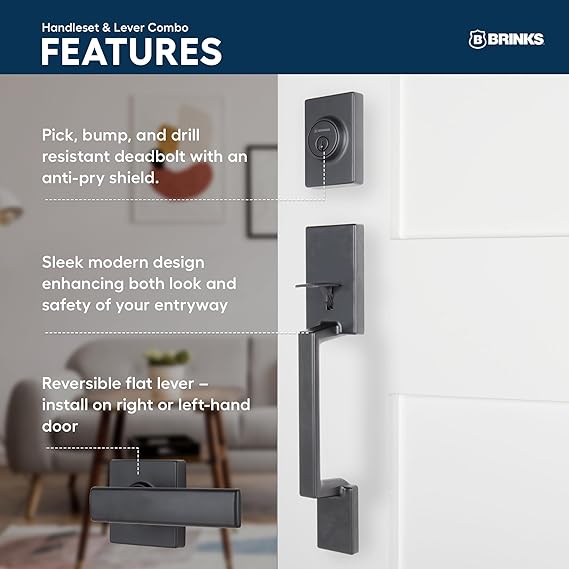BRINKS Contemporary Keyed Entry Door Handleset with Flat Lever and Deadbolt, Modern Front Door Lock Set, Easy Install, Pick-Resistant (Matte Black)