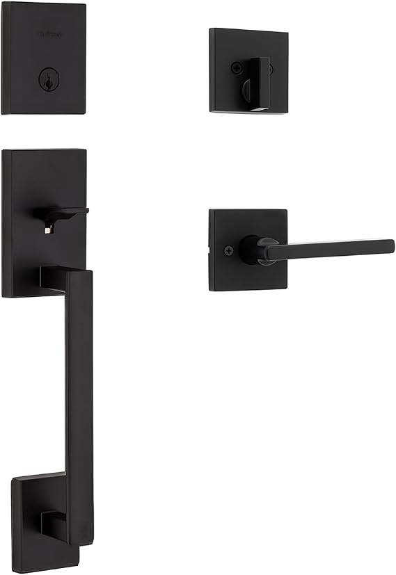 Kwikset San Clemente Front Door Lock Handle and Deadbolt Set, Entry Handleset Exterior with Interior Reversible Lever, Matte Black, Pick Resistant SmartKey Rekey Deadbolt Security
