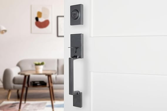 BRINKS Contemporary Keyed Entry Door Handleset with Flat Lever and Deadbolt, Modern Front Door Lock Set, Easy Install, Pick-Resistant (Matte Black)