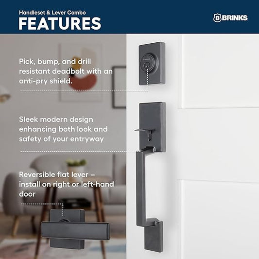 BRINKS Contemporary Keyed Entry Door Handleset with Flat Lever and Deadbolt, Modern Front Door Lock Set, Easy Install, Pick-Resistant (Matte Black)